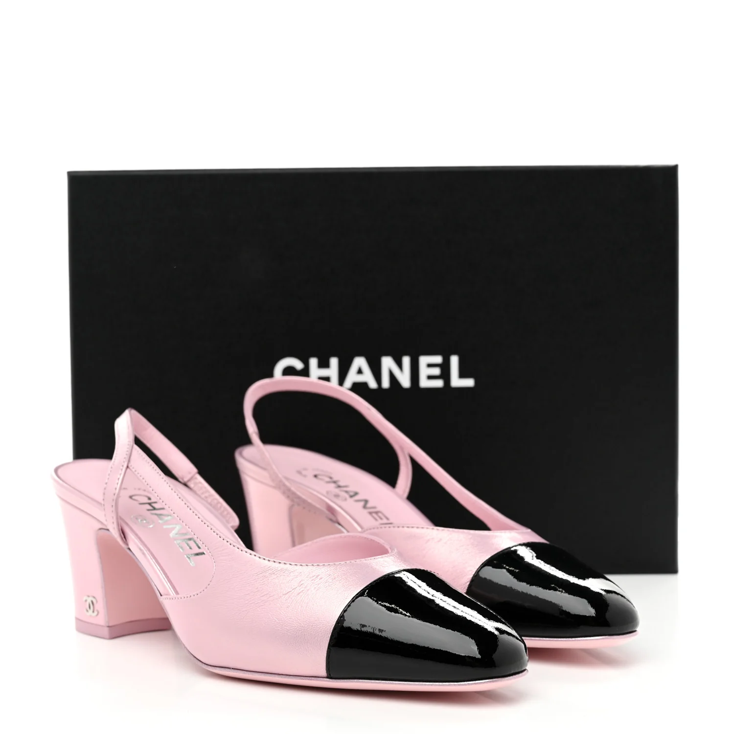 Laminated Lambskin Patent Cap Toe CC Slingback Pumps 37 Light Pink Black - Top Club