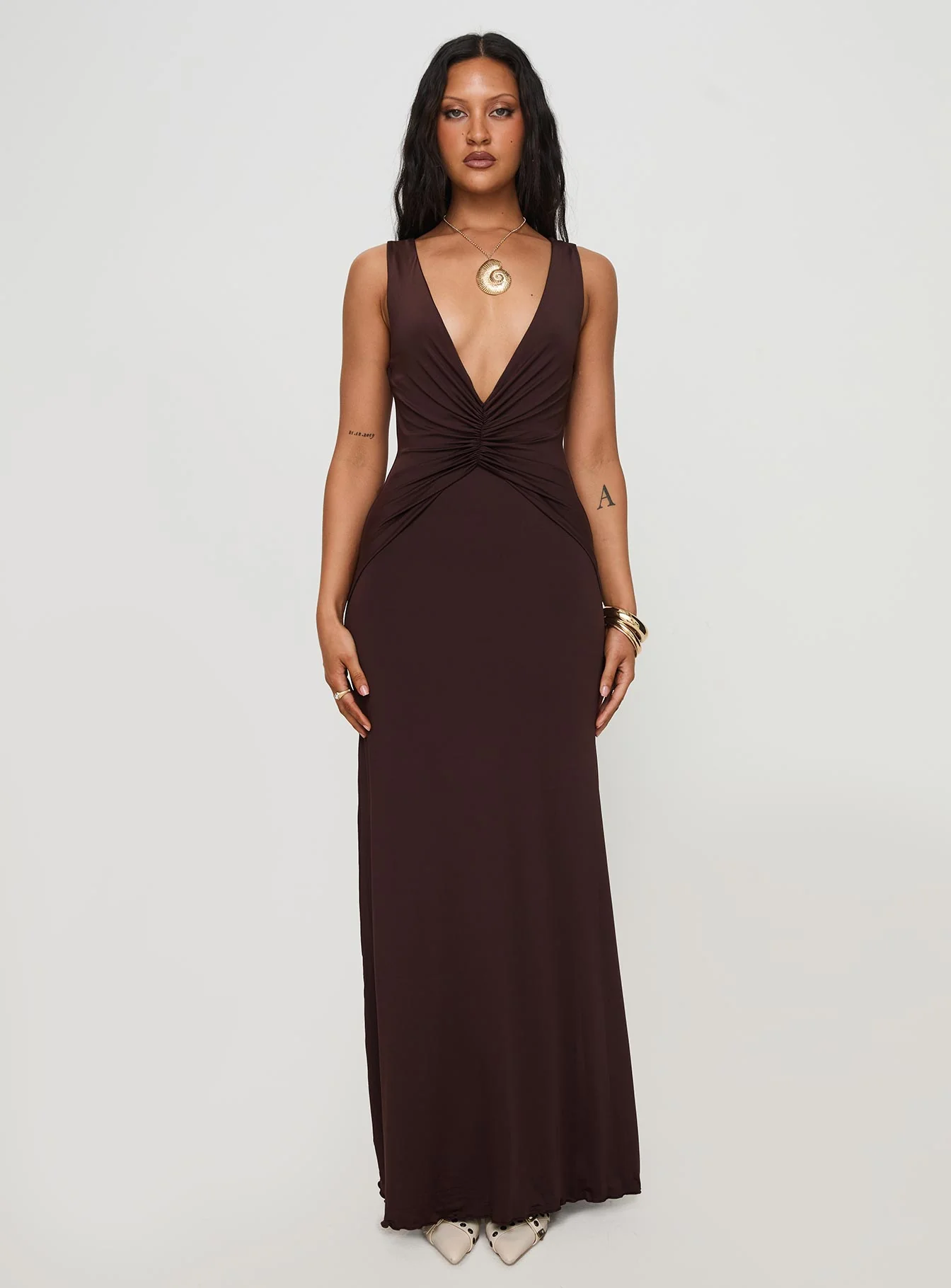 Frederica Plunge Maxi Dress Chocolate Petite