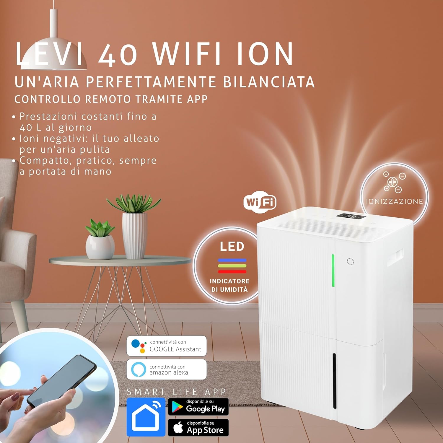 Deumidificatore Casa Muffa Turbionaire LEVI 40 WIFI ION 40L/giorno, Purificazione tramite ionizzazione, Deumidificazione Smart, Tanica da 5,3L, Controllo APP, Doppio drenaggio, Ruote Piroettanti, 85㎡