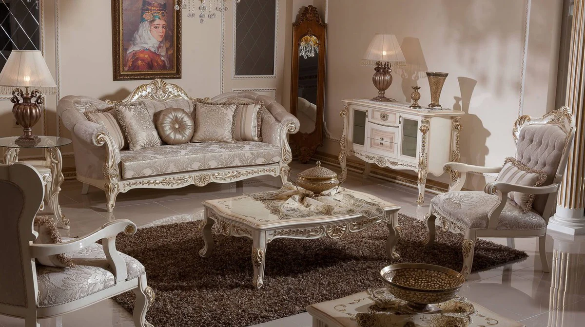 Luxury baroque coffee table white / beige / gold - magnificent solid wood living room table in baroque style - baroque living room furniture - noble & magnificent