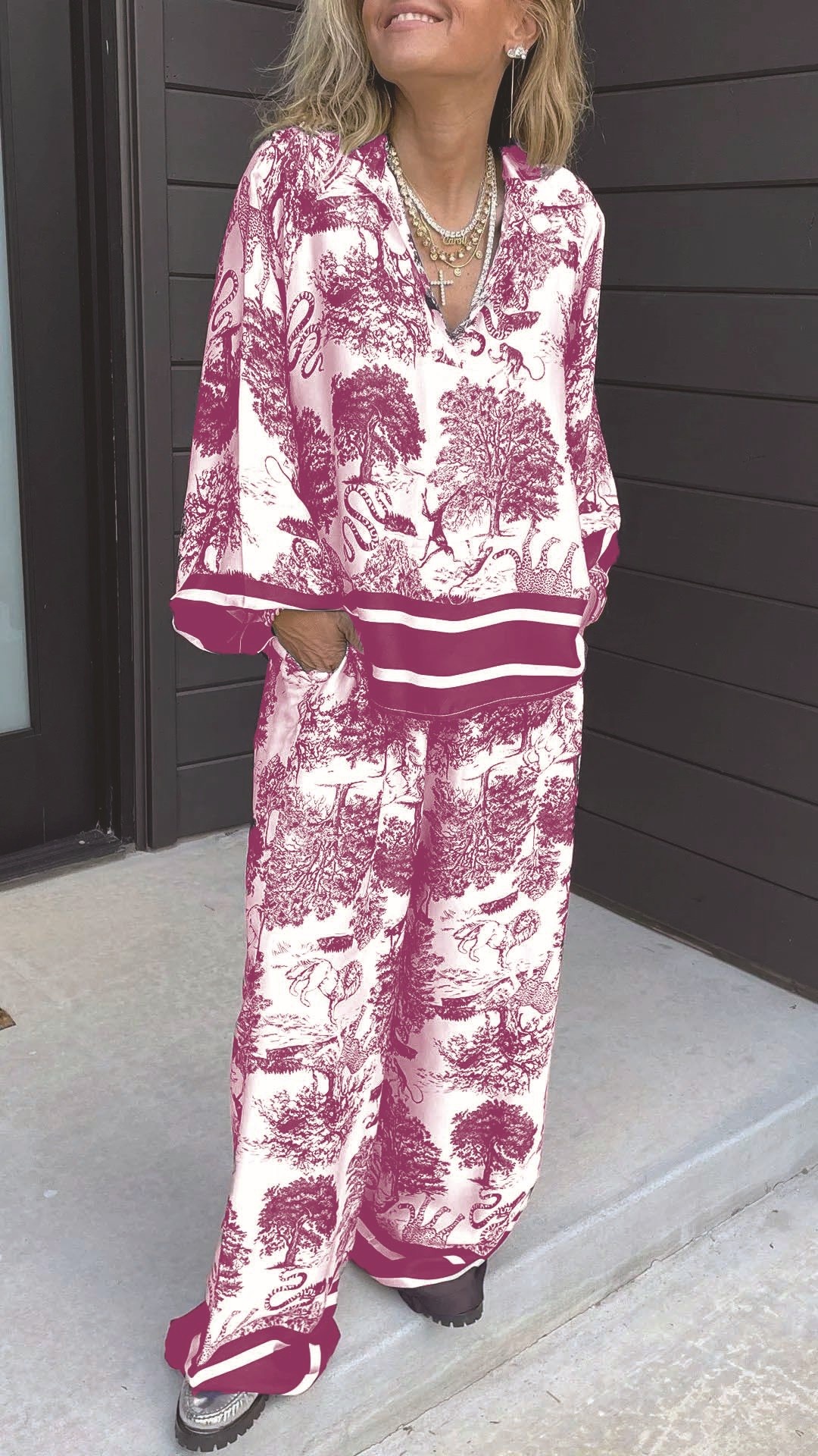Women's Casual V-Neck Printed Long-Sleeve Two-Piece Set with Pockets - Nordfashionstorm - Women's Clothing, Fashion for You - Nordfashionstorm.com