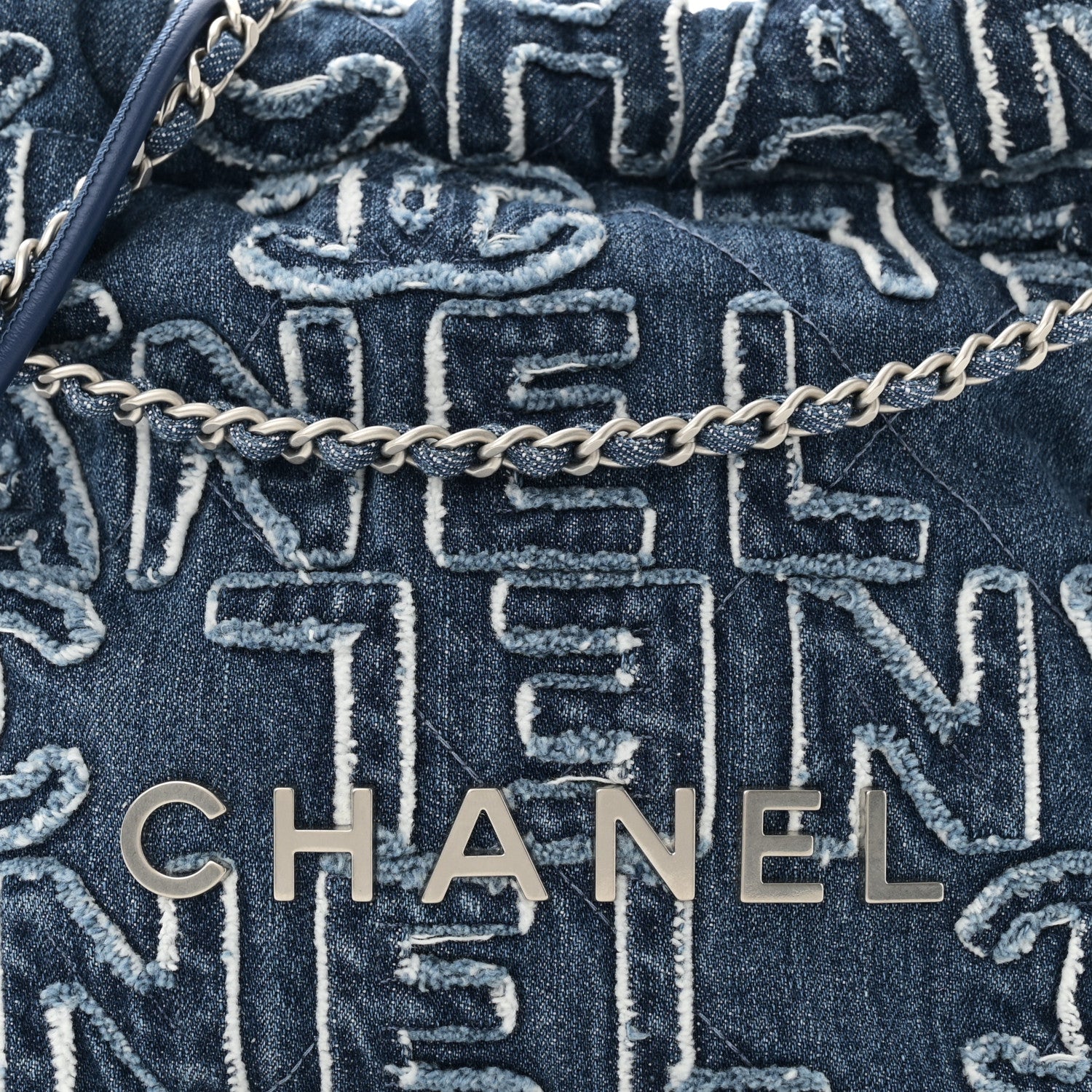 Washed Denim Logo Embroidered Mini Chanel 22 Blue - Top Club