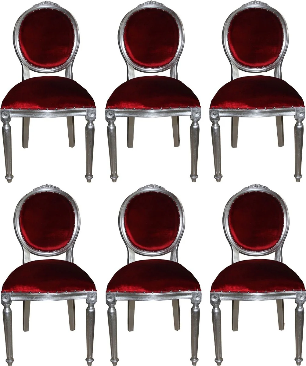 Luxury Baroque dining room set medallion Bordeaux red / silver 50 x 52 x H. 99 cm - 6 handmade dining chairs - Baroque dining room furniture