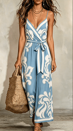 Women's Blue and White Floral Print V-Neck Suspender Wide-Leg Jumpsuit - Nordfashionstorm - Women's Clothing, Fashion for You - Nordfashionstorm.com