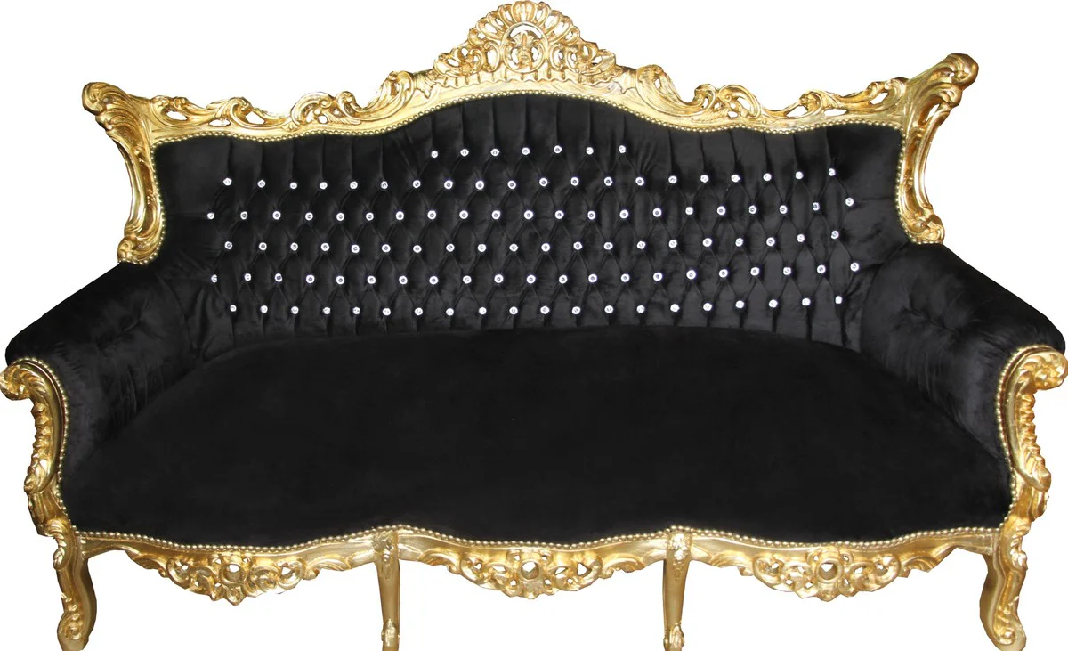 Baroque living room set Master black/gold with bling bling glitter stones - 3-seater sofa + 2-seater sofa + 1 armchair