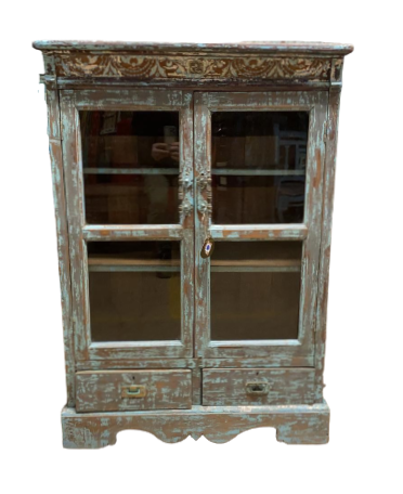 Kast glas UNIEK 2 deur en 2 lades blauw/bruin Vitrinekast Uniek blauw/bruin