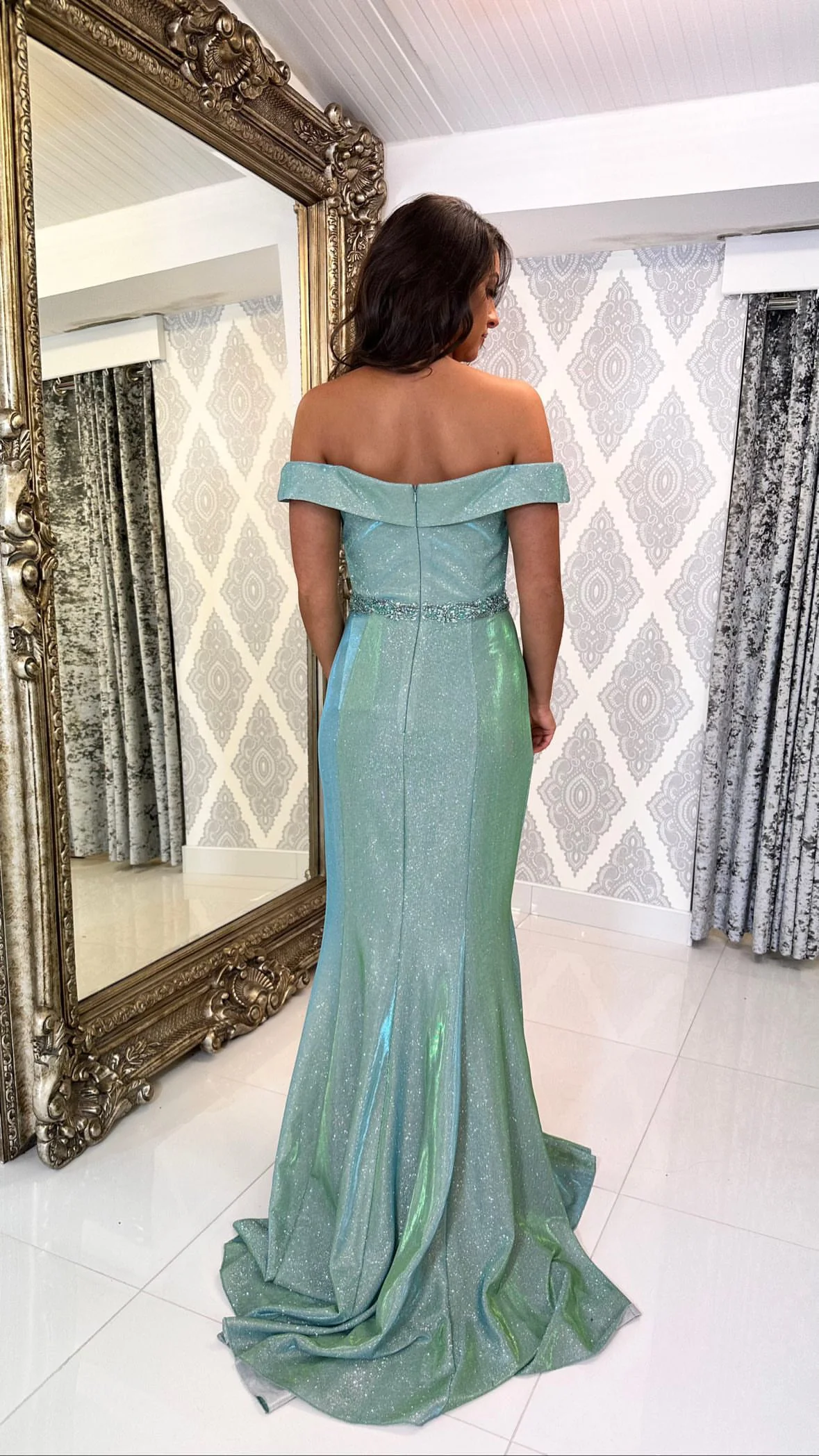 Light Green Shimmer Fabric Bardot Full Length Gown