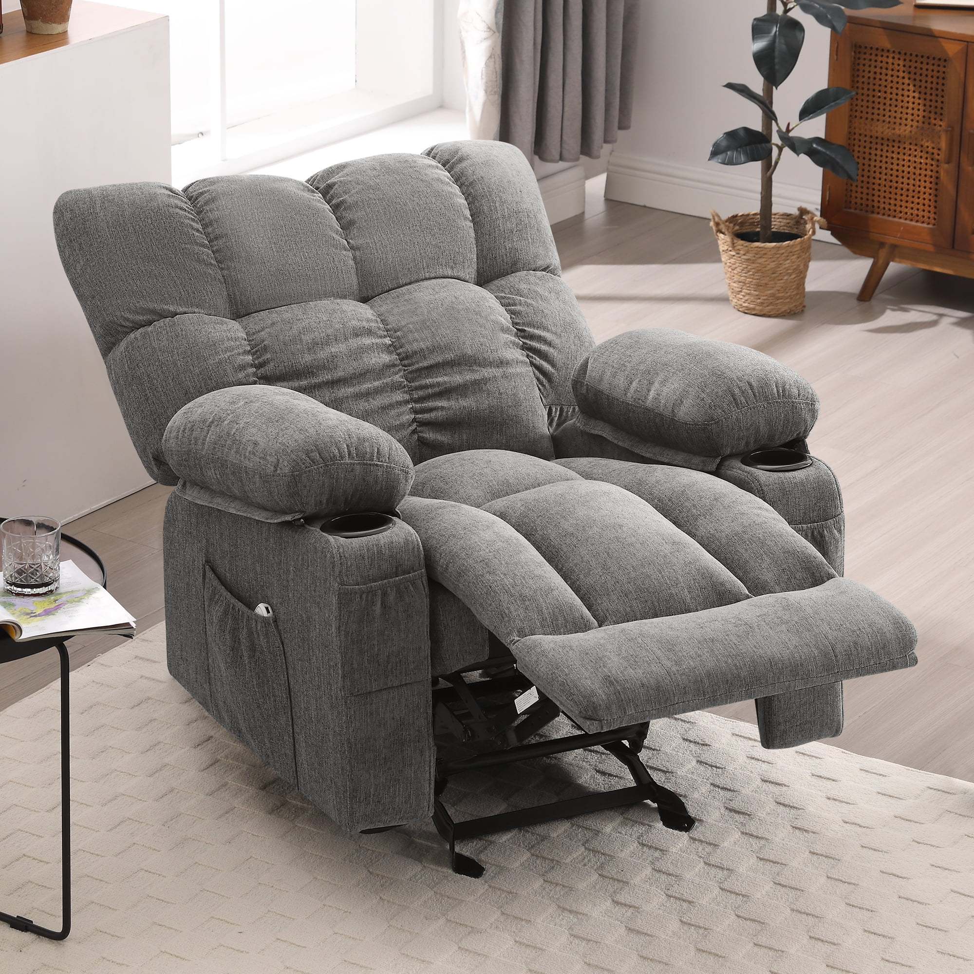 JONPONY Manual Recliner Chair with Heat Therapy and Massage Function, Heavy Duty Reclining Mechanism Massage Chair, Elderly Single Rocker Sofa with Cup Holders for Bedroom Home Theater, Grey