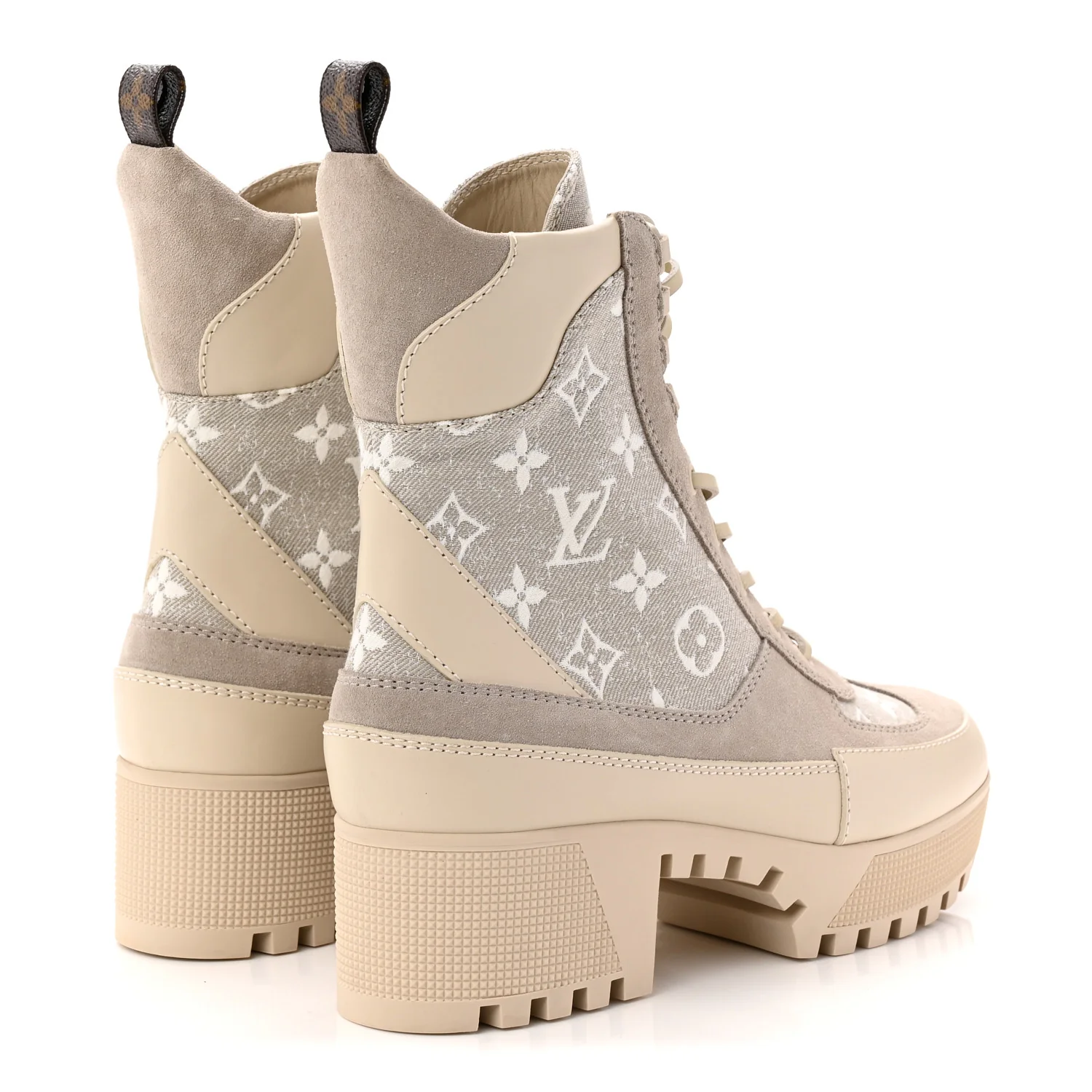 Suede Calfskin Monogram Denim Laureate Platform Desert Boots 38.5 Taupe - Top Club
