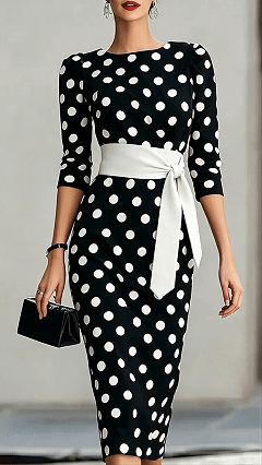 Women's Cotton‑blend Black‑white Polka‑dot Boat‑neck Mid‑sleeve Tie‑waist Bodycon Midi Dress - Nordfashionstorm - Women's Clothing, Fashion for You - Nordfashionstorm.com