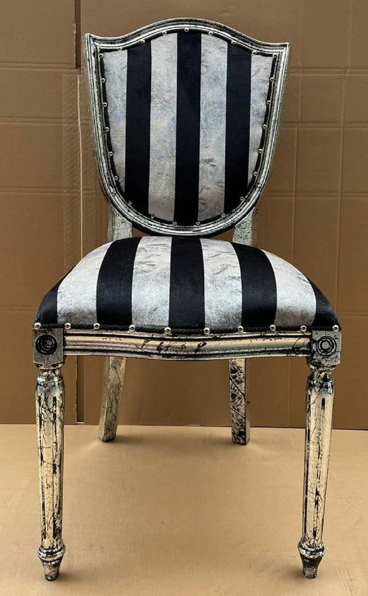 Luxury Art Deco Dining Room Chair Silver / Black / Antique Silver - Elegant Solid Wood Chair with Stripes - Art Deco Dining Room Furniture