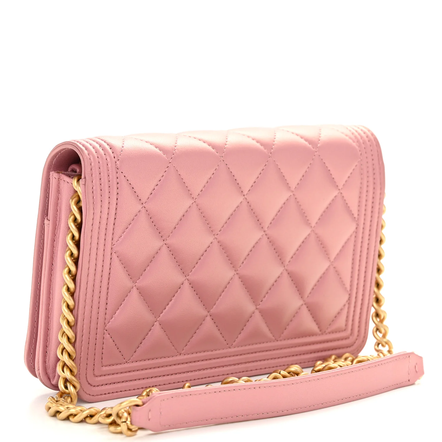 Metallic Lambskin Quilted Boy Wallet On Chain WOC Pink - Top Club