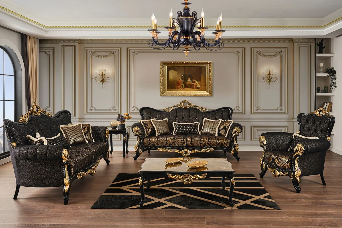 Luxury baroque living room set brown / black / gold - 2 sofas & 2 armchairs & 1 coffee table & 2 side tables - living room furniture in baroque style - noble and magnificent
