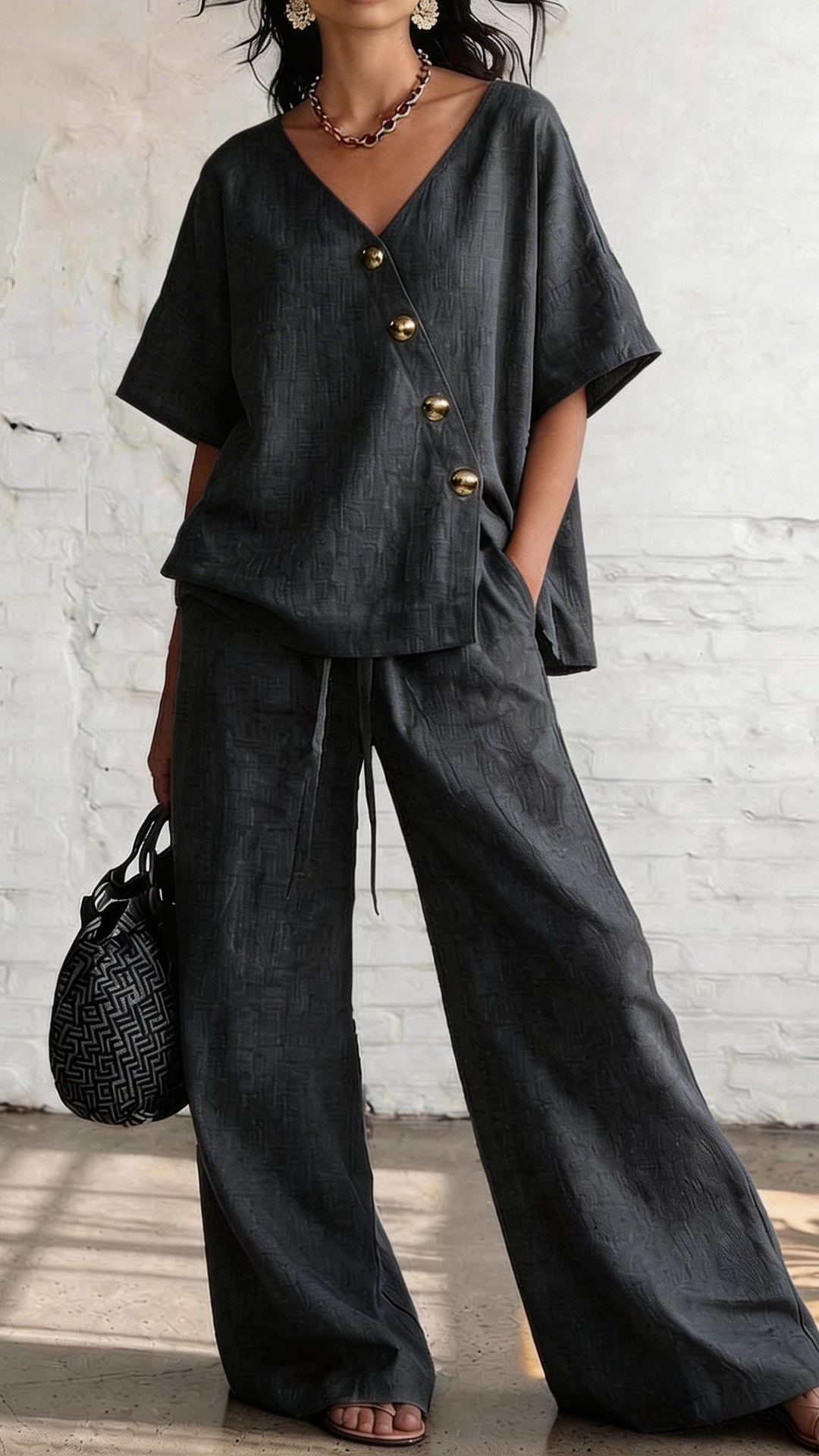 Women's Casual Vacation Loose Cotton Linen V-Neck Wide-Leg Pants Two-Piece Set - Nordfashionstorm - Women's Clothing, Fashion for You - Nordfashionstorm.com