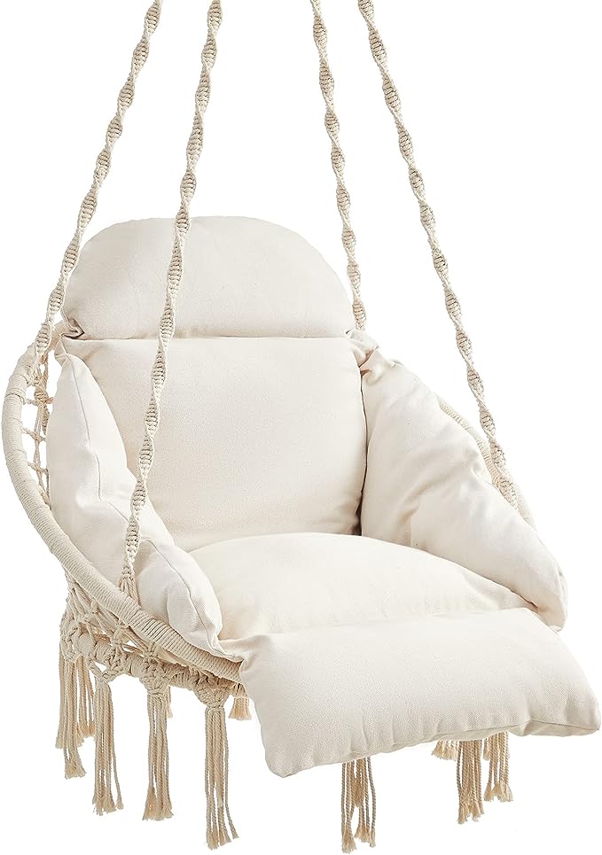 SONGMICS Hammock Chair, Hanging Chair with Large Thick Cushion, Boho Swing Chair for Bedroom, Patio, Balcony, Garden, Living Room, Holds up to 264lb, Cloud White UGDC042M01