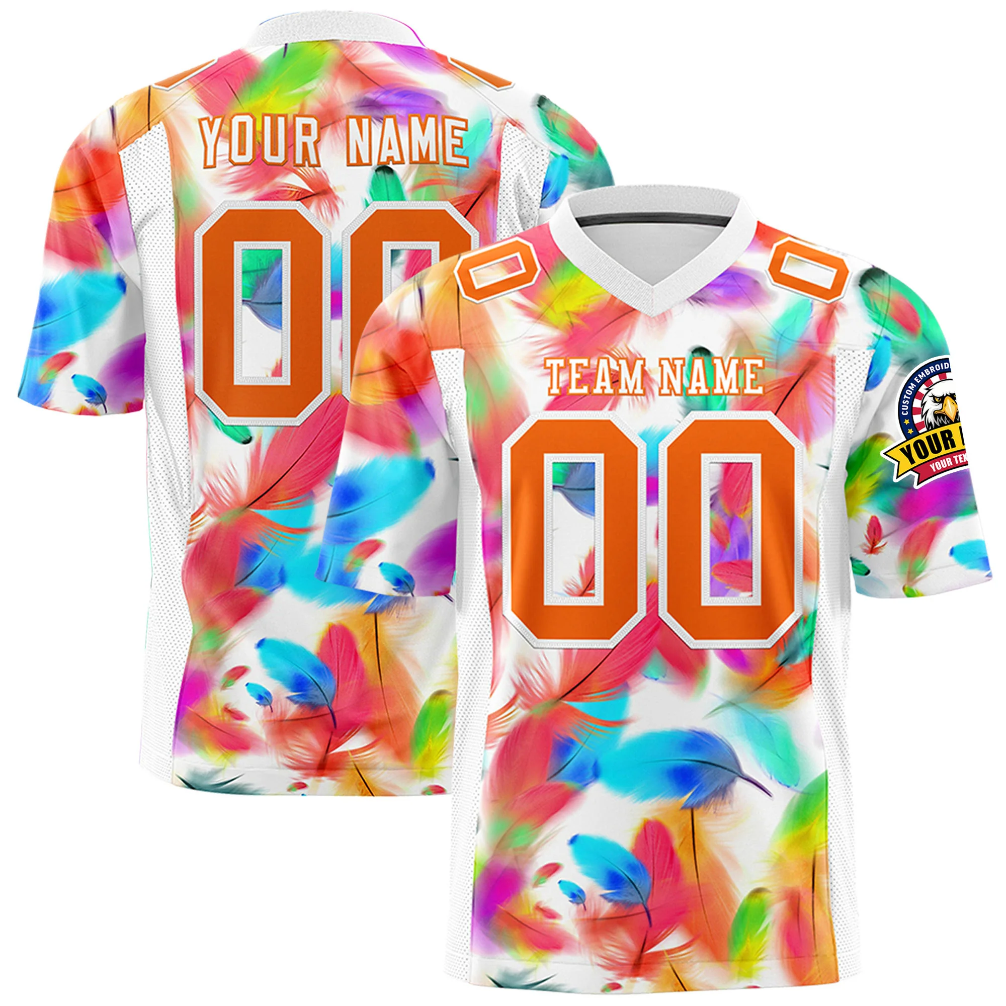 Custom Colorful Feather Football Jersey Sublimated Design Customizable Name & Number