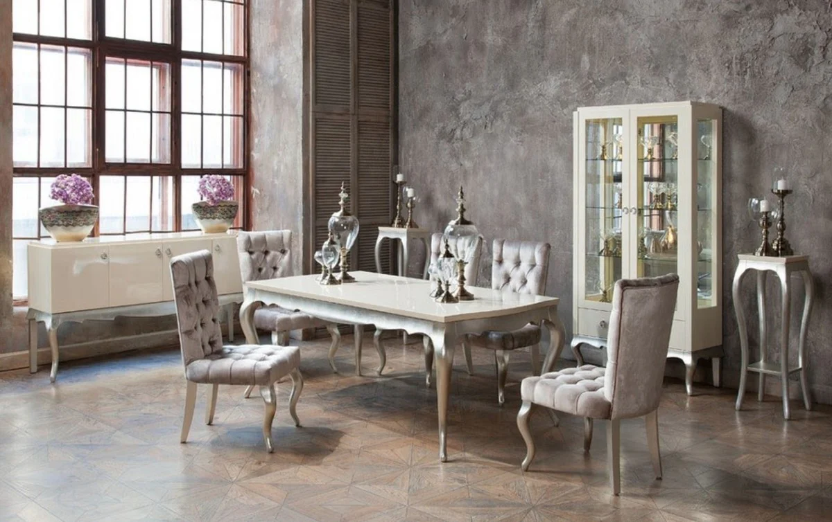 Art Deco dining table cream / silver 189-240 x 108 x H. 76 cm - Extendable solid wood kitchen table - Art Deco dining room furniture