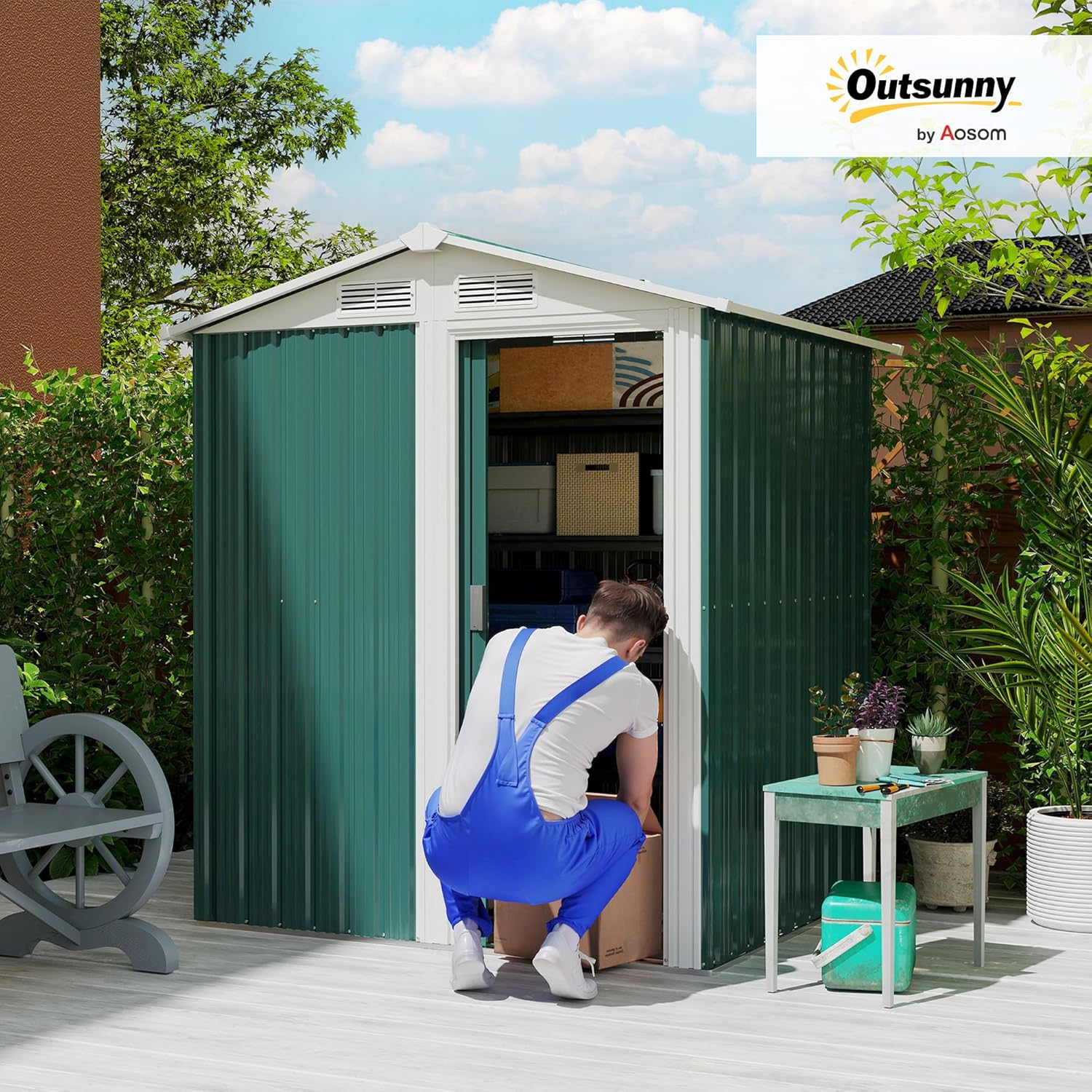 Outsunny Casetta da Giardino 1.7m² in Acciaio Zincato con kit Fondazione, Capanno da Giardino Porta Attrezzi con Tetto Inclinato, 4 Prese d'Aria, Porta Scorrevole, 152x132x188 cm, Verde