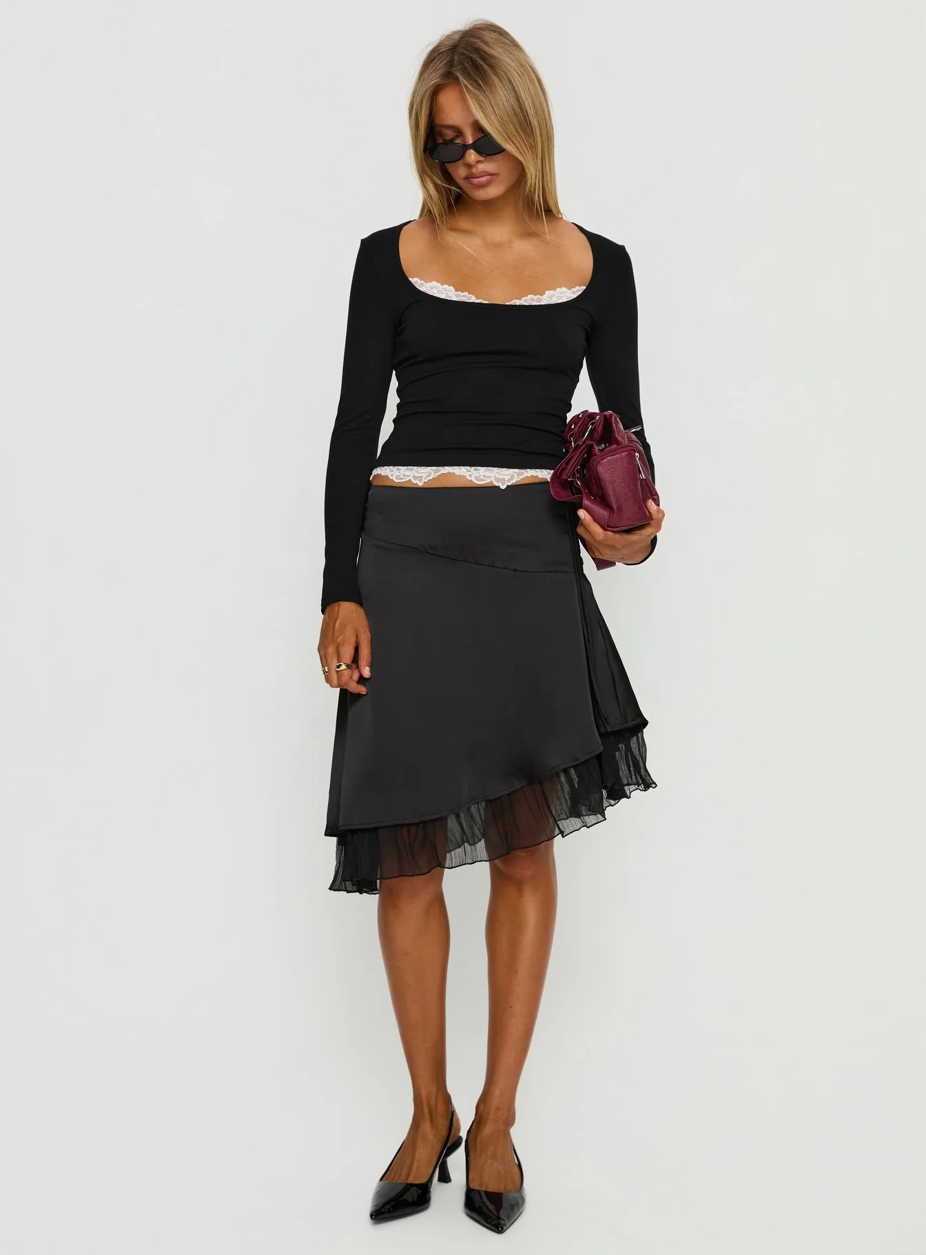 Falling Through Lace Detail Long Sleeve Top Black