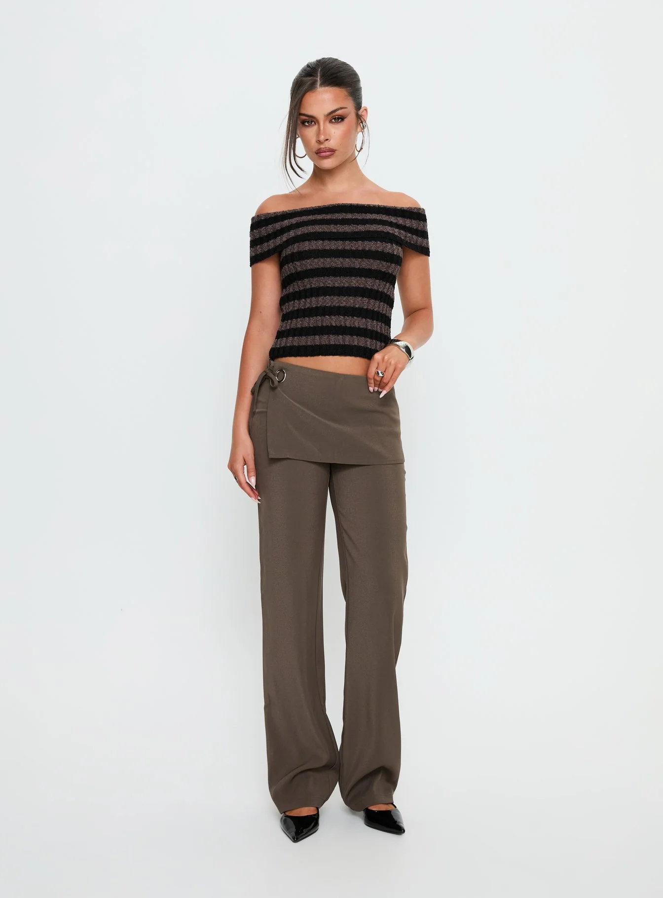 Murmur Off Shoulder Top Brown / Black Stripe