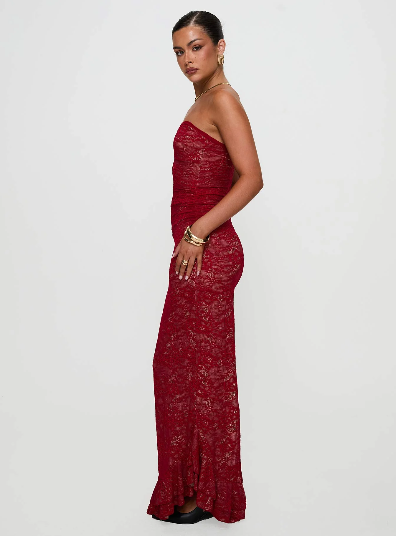 Hailees Lace Strapless Maxi Dress Red