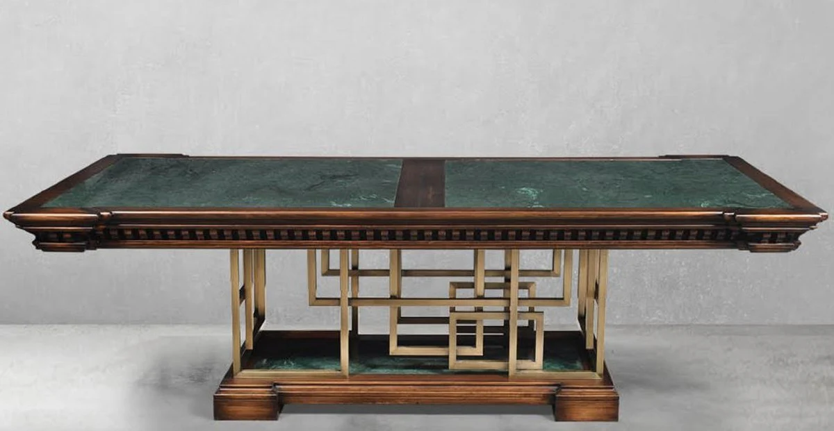 Luxury vintage style dining table brown / green / brass 250 x 124 x H. 77.5 cm - Rectangular solid wood dining room table - Dining room furniture - Vintage style furniture - Luxury furniture