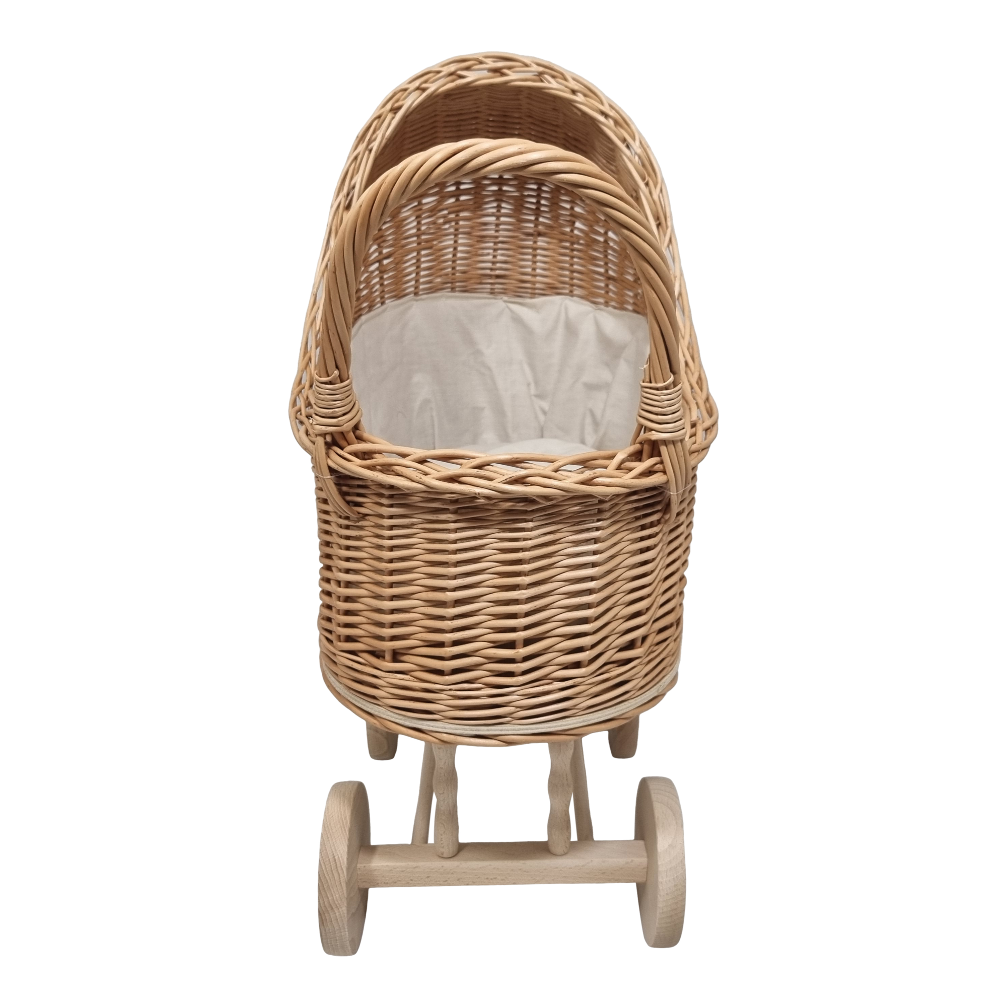 Poppenwagen Riet Crème beige bekleding met kussentjes