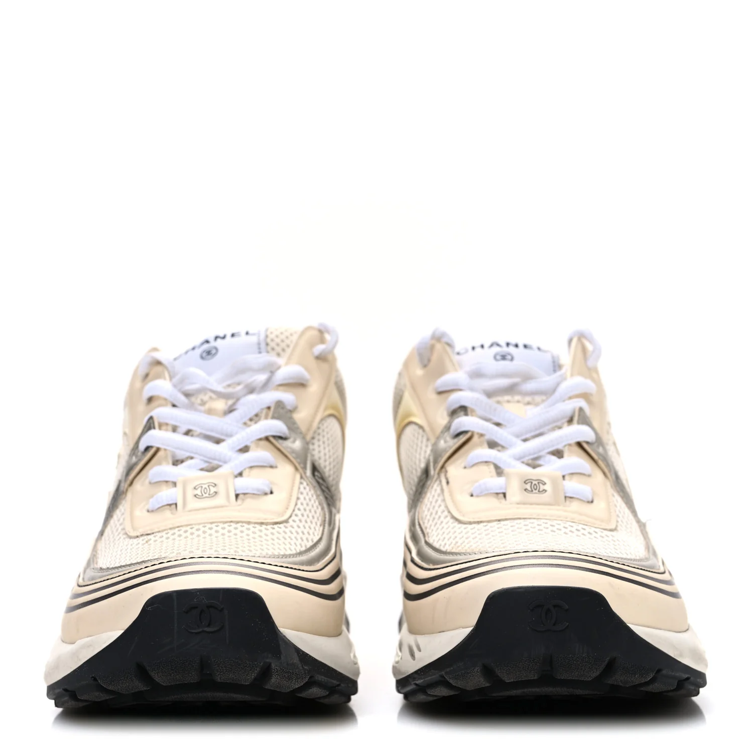 Fabric Laminated Calfskin Stretch CC Sneakers 41 Ivory White Silver - Top Club