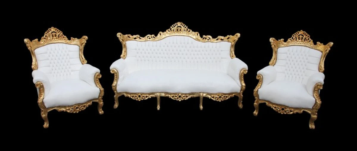 Baroque living room set Master white/gold leather look - 3-seater sofa + 2 armchairs