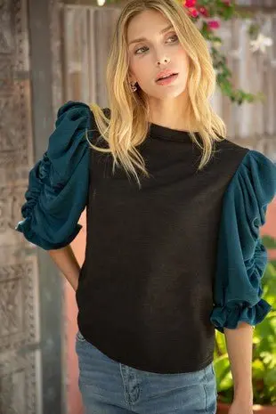 Puff Sleeve Textured Knit Top - ALJEGJ