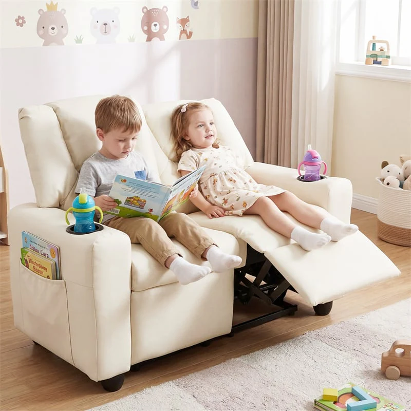 Eletriclife 2-Seater Kids Recliner PU Leather Toddler Loveseat Sofa with Cup Holders & Side Pockets