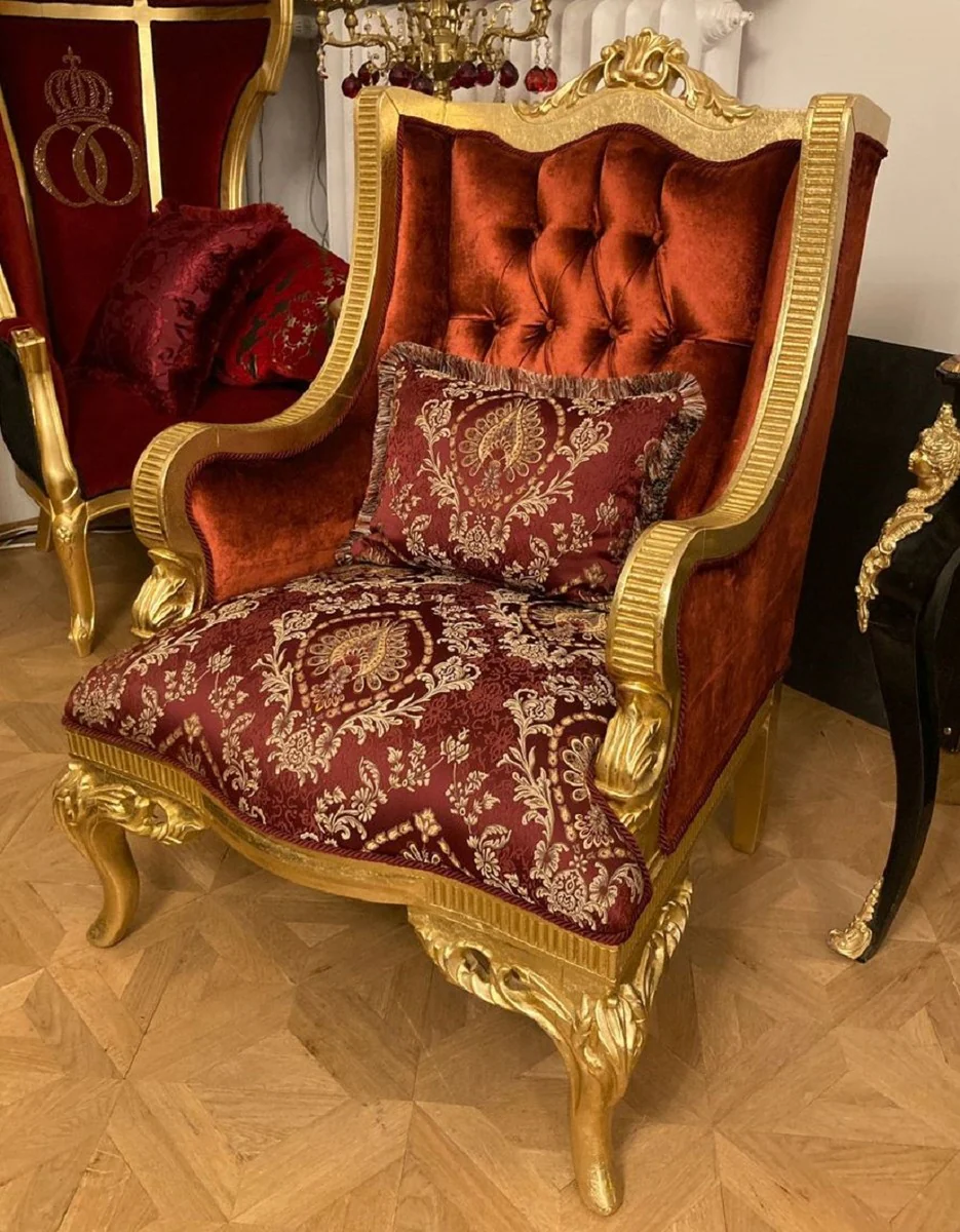 Luxury baroque wing chair with decorative cushion red / burgundy pattern / gold - luxury living room armchair in baroque style - baroque furniture - baroque furnishings - noble & magnificent