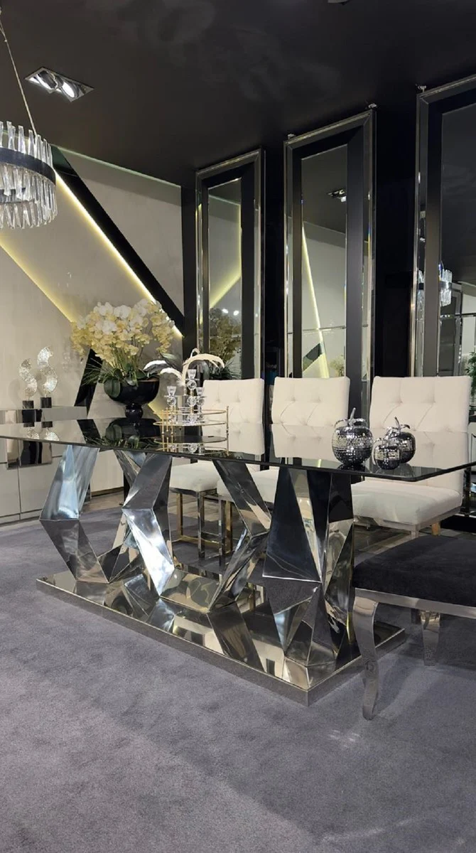Luxury designer dining table silver 240 x 100 x H. 76 cm - Rectangular metal dining room table with glass top - Dining room furniture - Luxury furniture - Luxury dining room furnishings