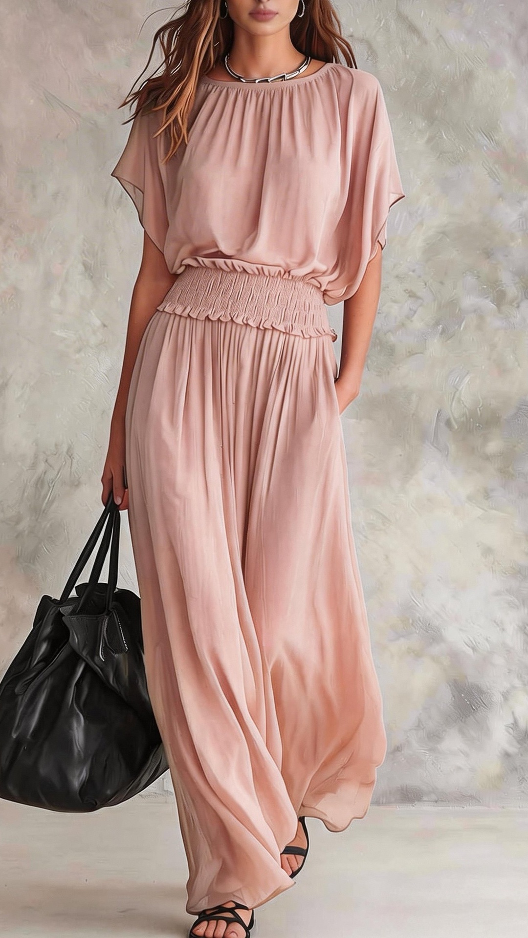Women's Chiffon Long Dress with Shirred Waist - Nordfashionstorm - Women's Clothing, Fashion for You - Nordfashionstorm.com