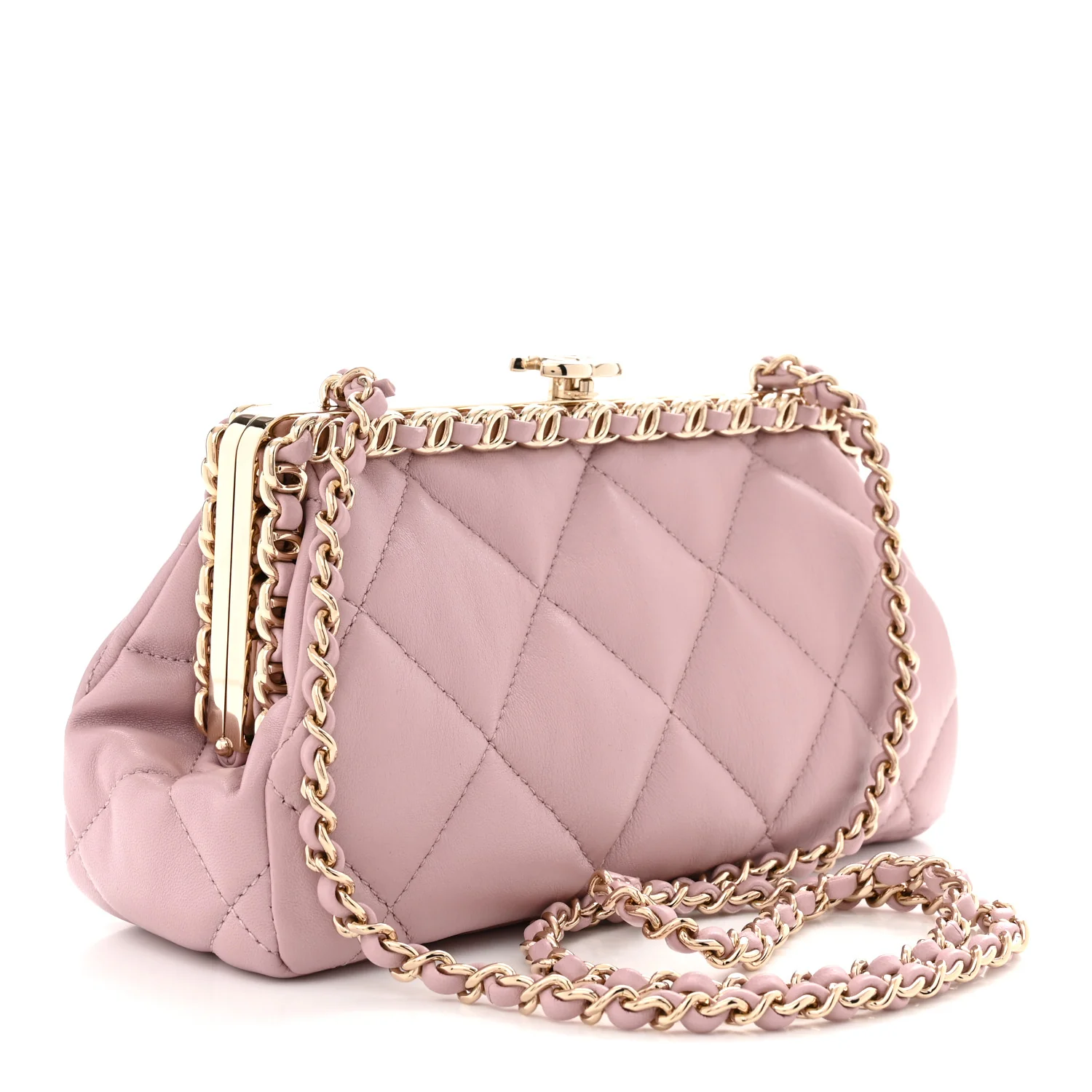 Lambskin Quilted Chain Frame Clutch Pink - Top Club