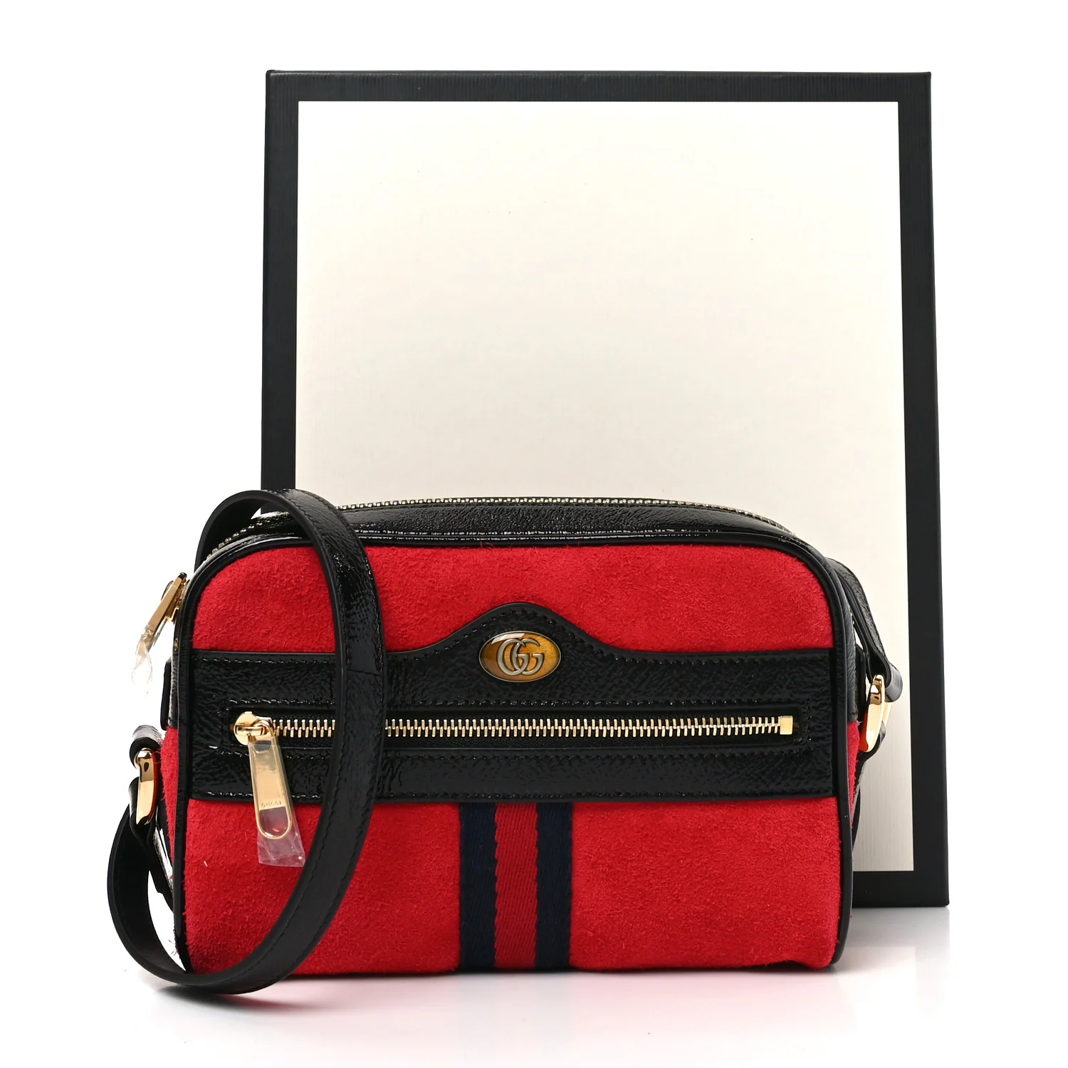 Suede Patent Web Mini Ophidia Shoulder Bag Hibiscus Red Black - Top Club