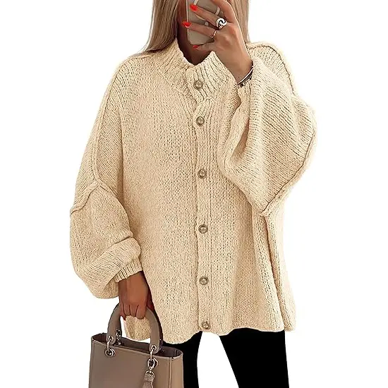 PrettyGarden Women's Winter Button Down Cardigan Sweaters Mock Neck Lantern Long Sleeve Chunky Knit Jacket Trendy Outerwear