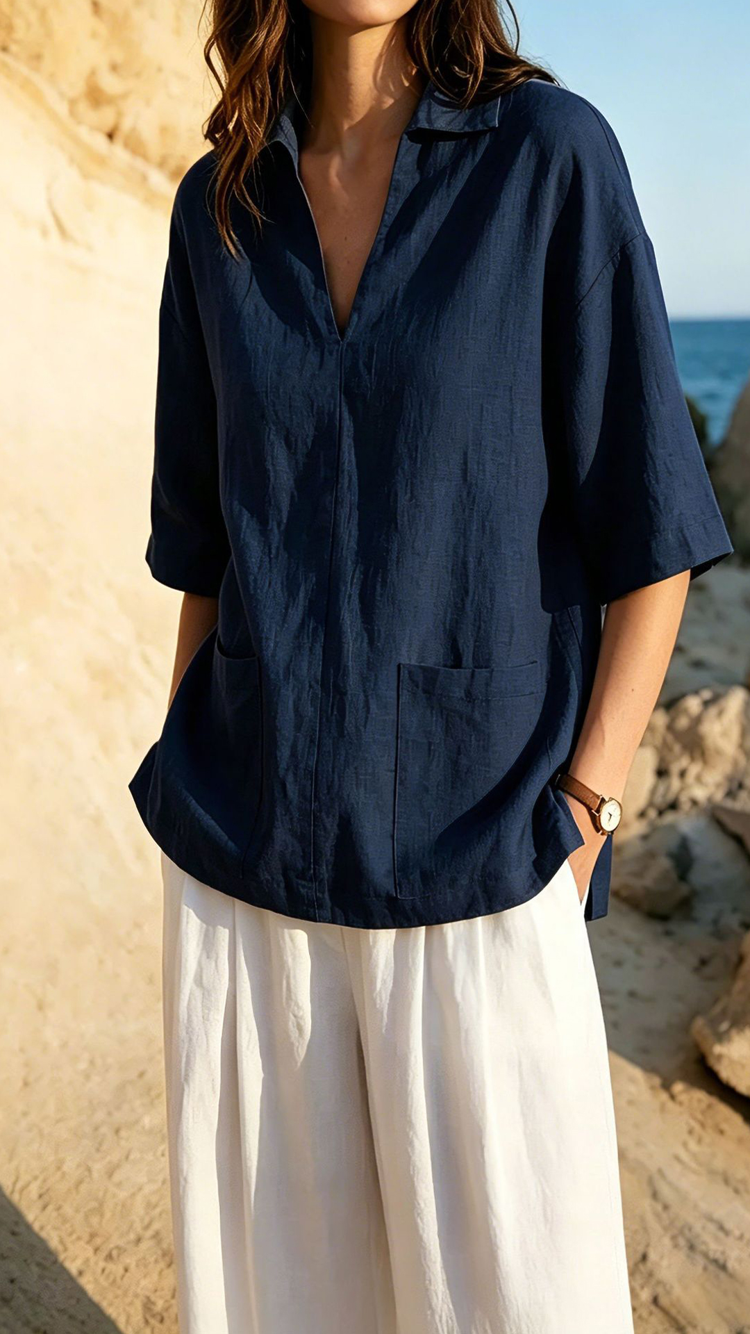 Women's Khaki Collared Mid-sleeve Cotton-blend Blouse - Nordfashionstorm - Women's Clothing, Fashion for You - Nordfashionstorm.com