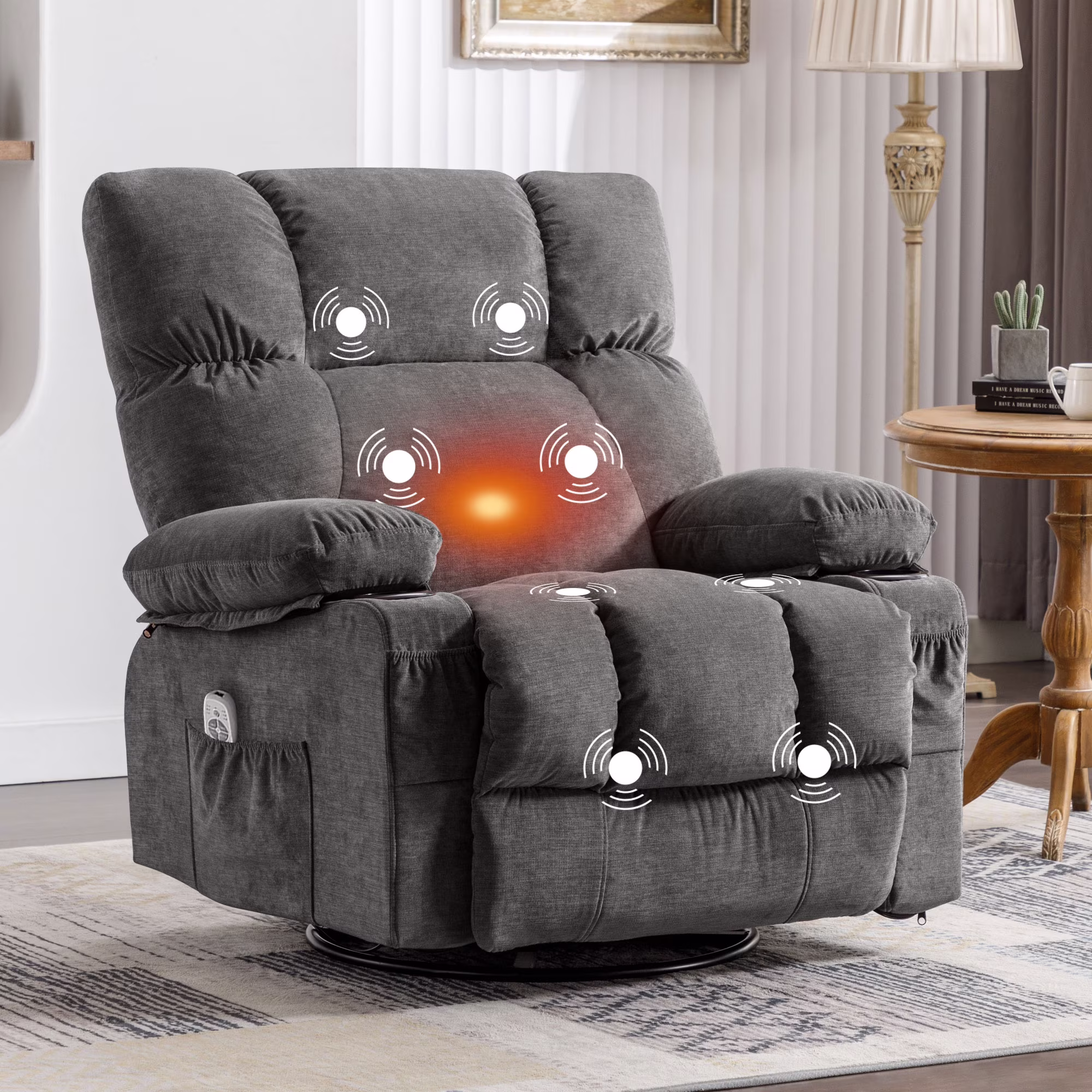 JONPONY Manual Recliner Chair with Heat Therapy and Massage Function, Heavy Duty Reclining Mechanism Massage Chair, Elderly Single Rocker Sofa with Cup Holders for Bedroom Home Theater, Grey
