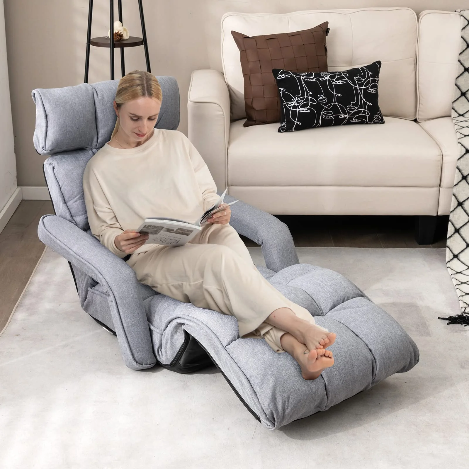 BEFOUNDLOVELY Foldable Lazy Sofa Bed, 6-Position Adjustable Floor Chair Chaise Lounge with Armrest and Footrest
