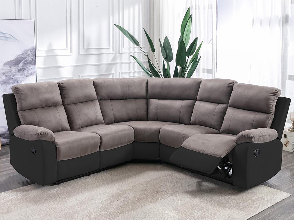 Sofá esquinero reclinable manual - gris + negro - piel sintética + microfibra
