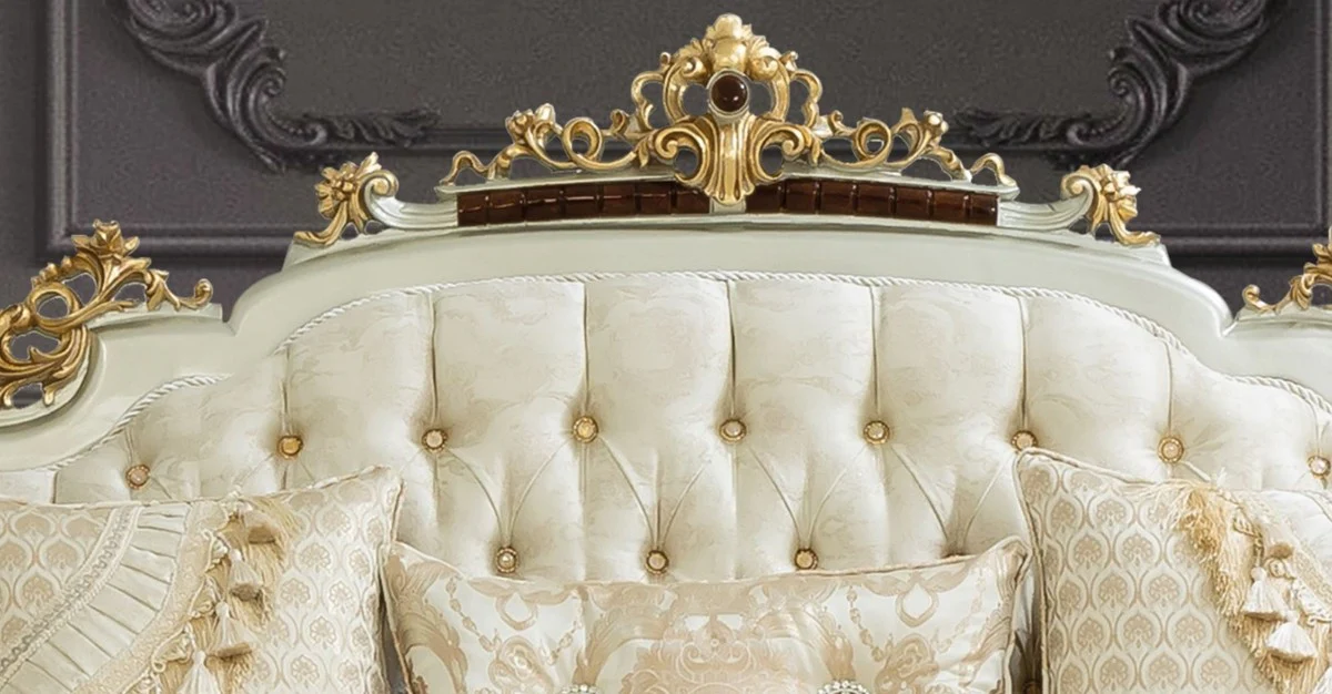 Luxury baroque sofa cream / beige / dark brown / silver / gold 260 x 90 x H. 125 cm - magnificent baroque style living room sofa with elegant pattern - baroque furniture