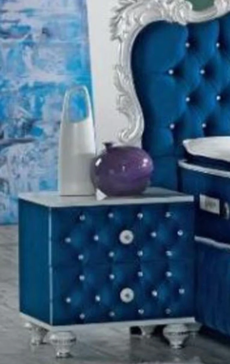 Baroque bedside table with rhinestones and 2 drawers royal blue / white / silver 50 x 50 x H. 50 cm - Side table in baroque style - Baroque bedroom furniture