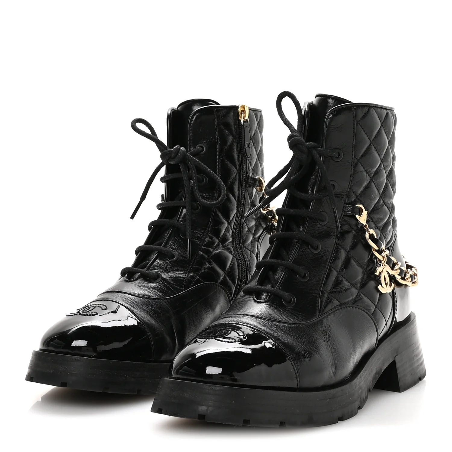 Shiny Calfskin Patent Quilted Chain Lace Up Combat Boots 40.5 Black - Top Club