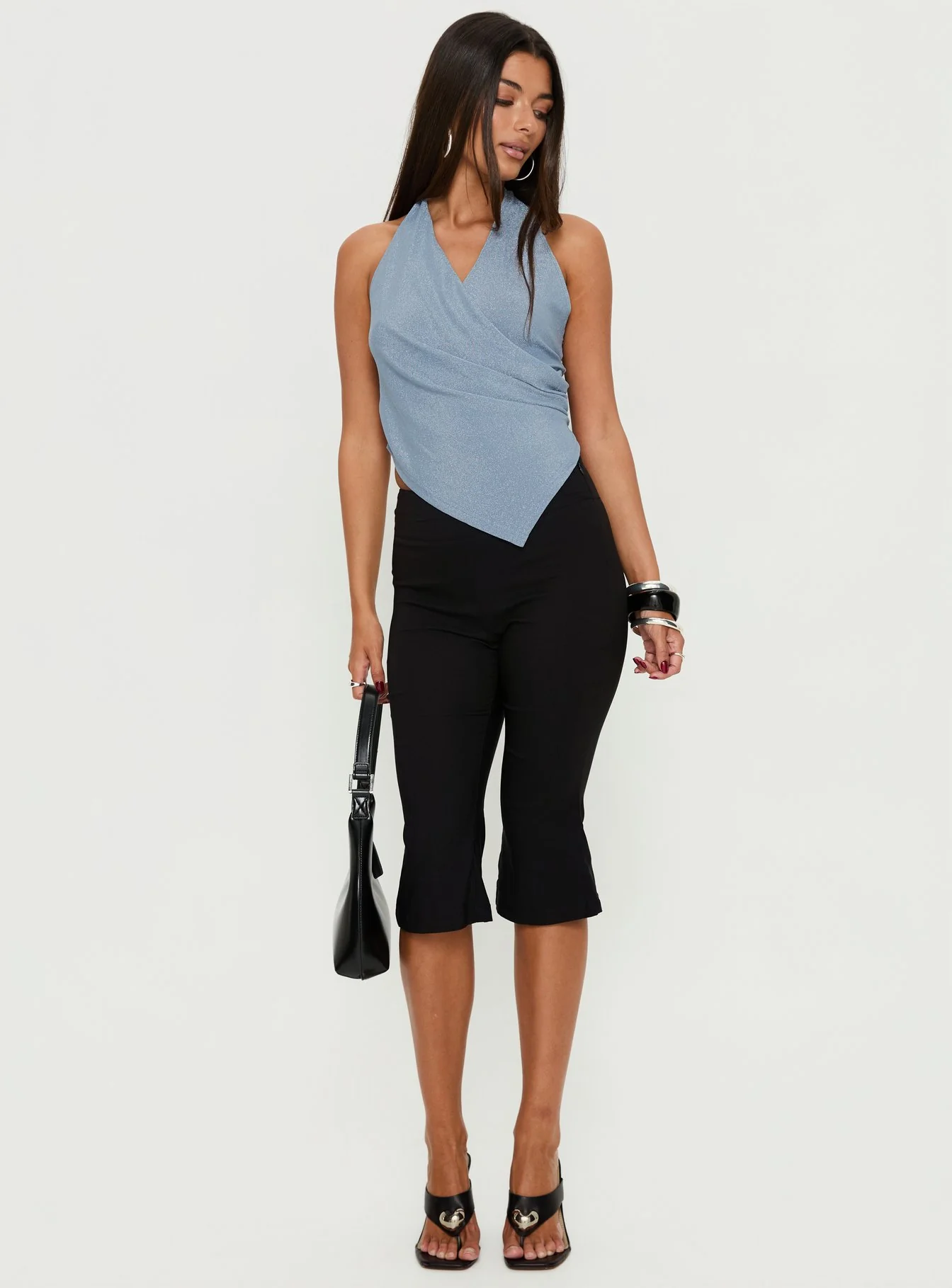 Lillyan Cross Front Backless Top Blue Shimmer