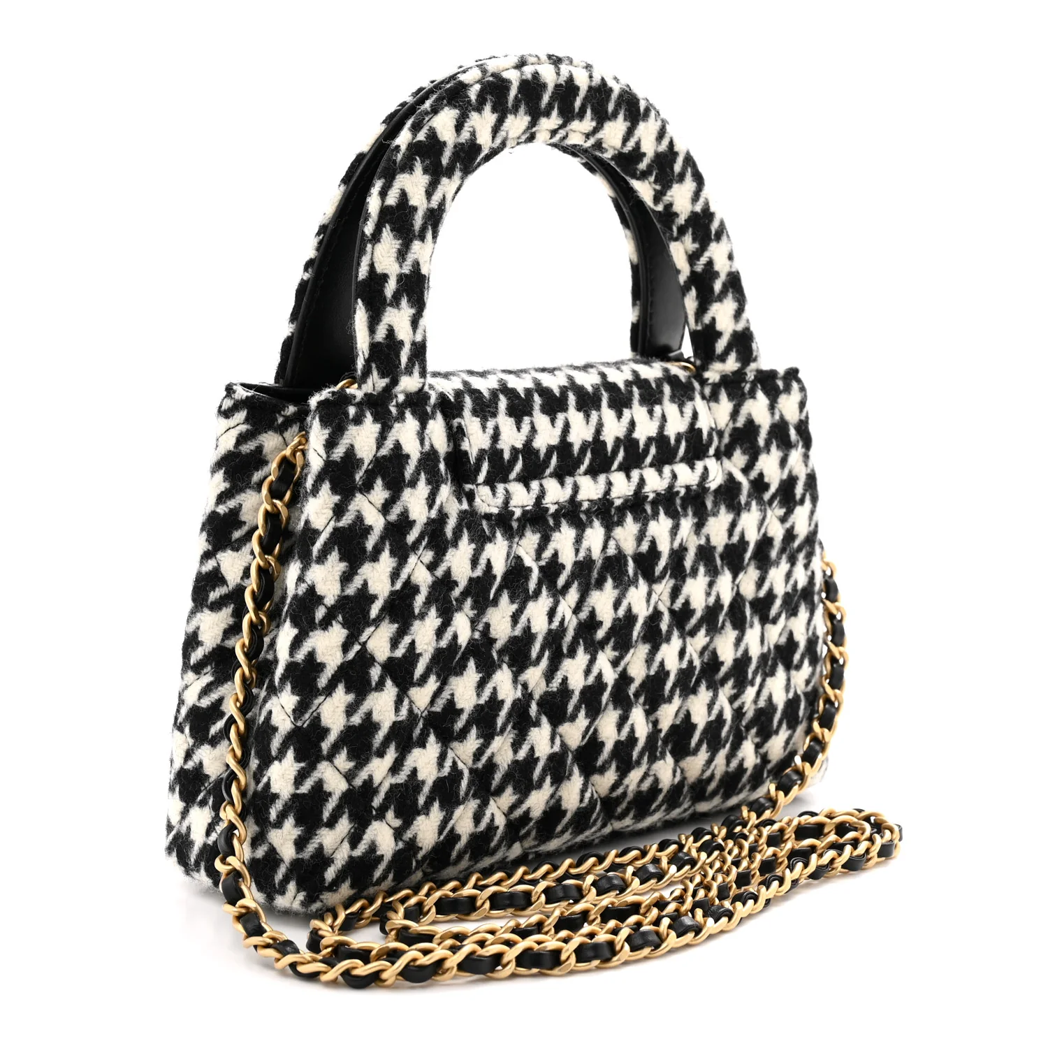 Tweed Houndstooth Quilted Nano Kelly Shopper Black White - Top Club