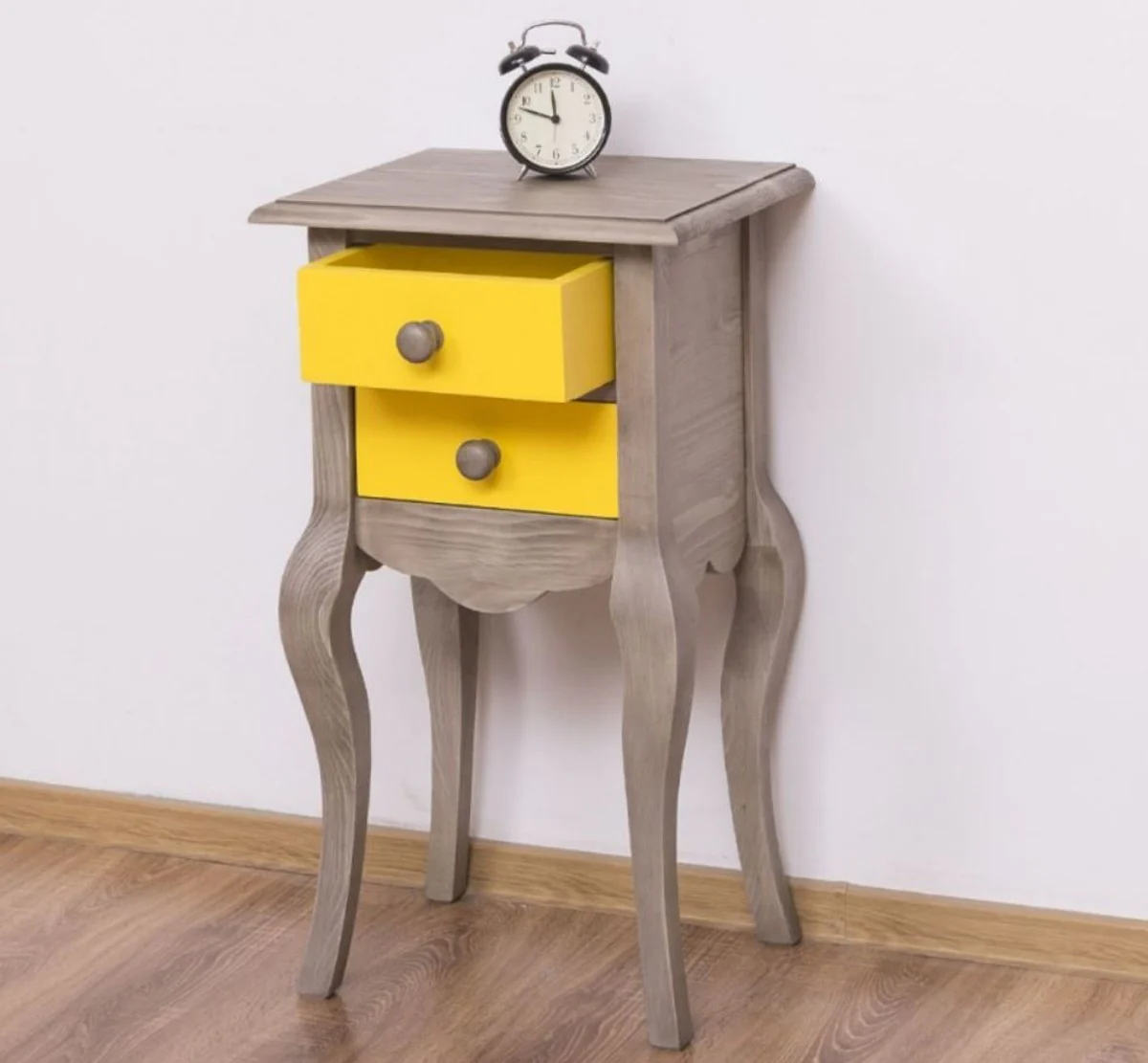 Country house style side table light gray / yellow 40 x 34 x H. 70 cm - Solid wood bedside table - Small bedroom chest of drawers with 2 drawers - Country house style furniture