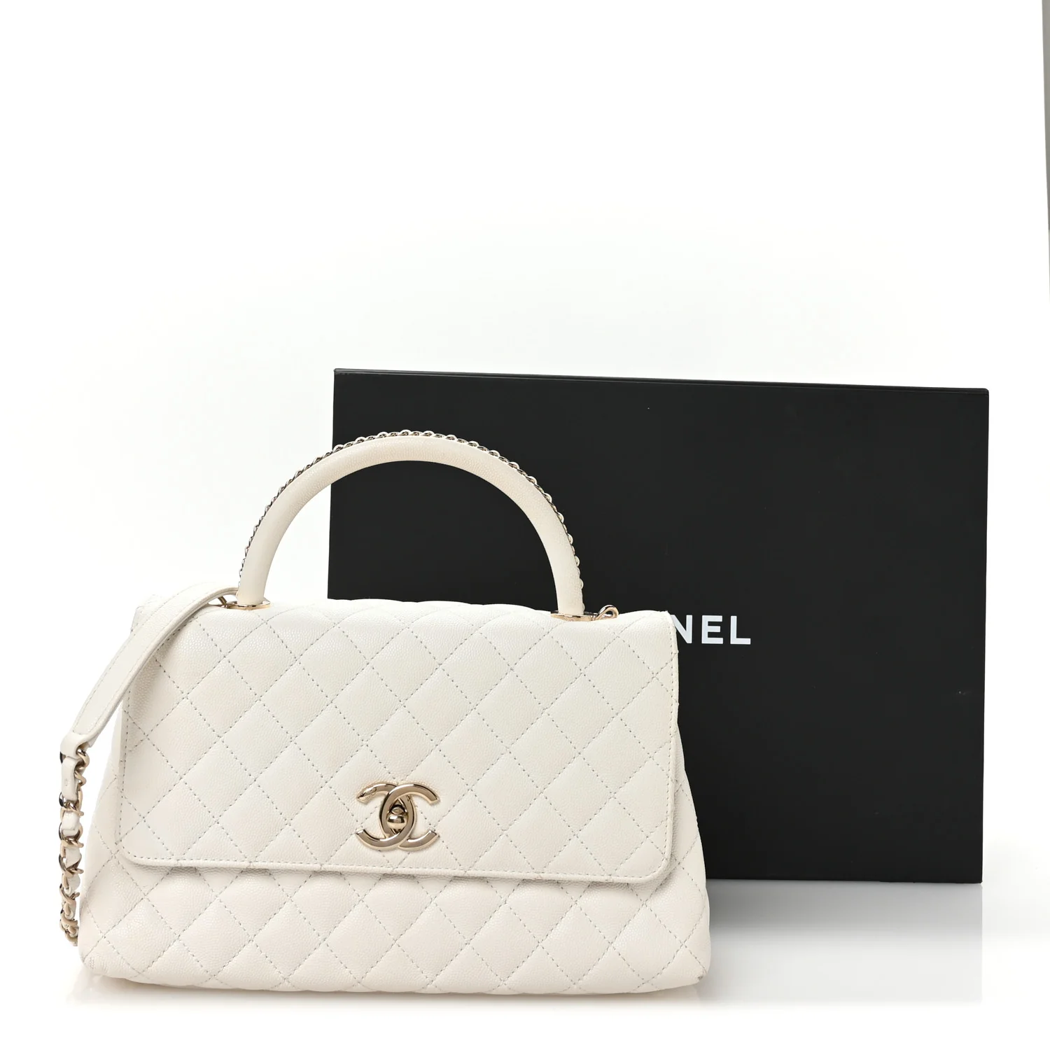 Caviar Quilted Small Chain Coco Handle Flap White - Top Club