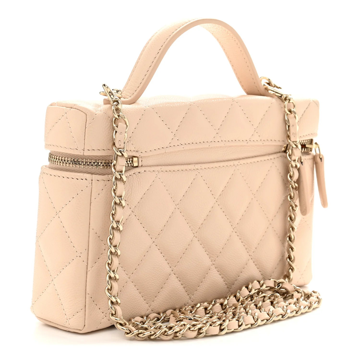 Caviar Quilted Top Handle Slim Vanity With Chain Beige - Top Club