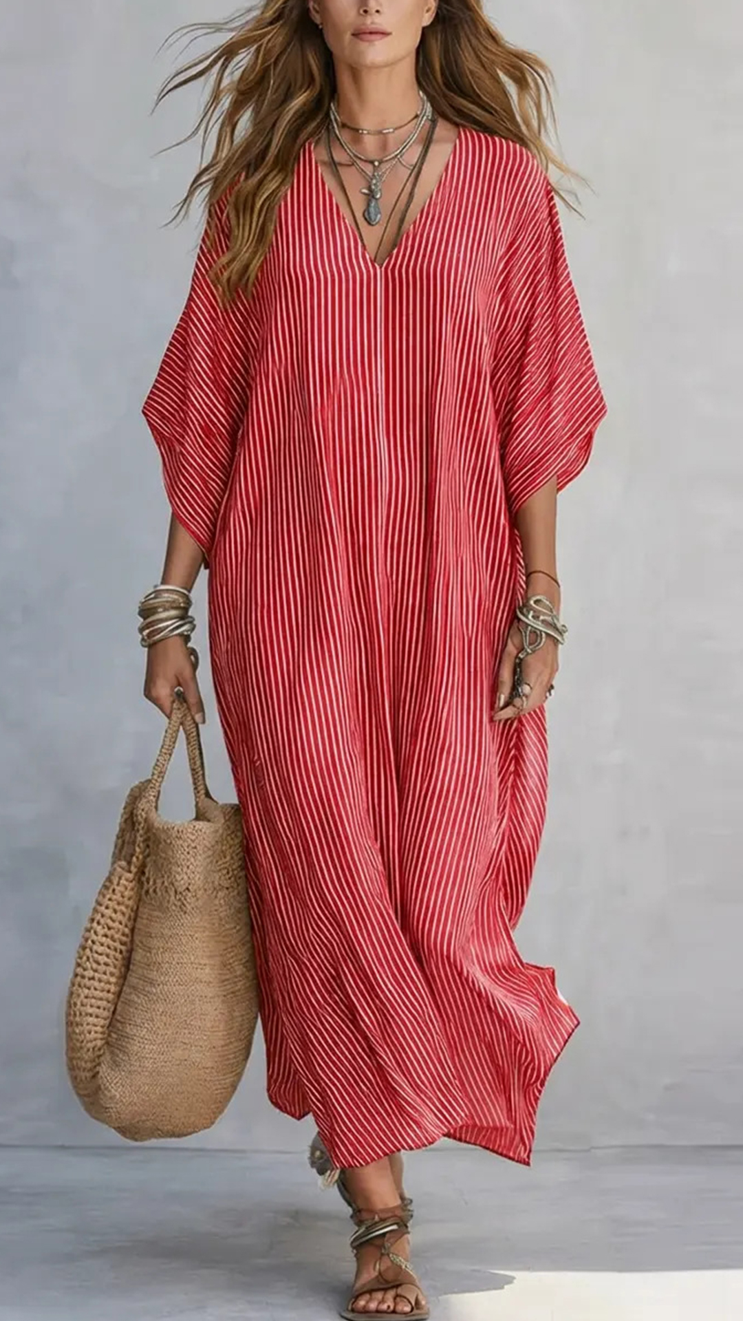 Women's Cotton-Blend Blue & White Striped V-Neck Loose Dress - Nordfashionstorm - Women's Clothing, Fashion for You - Nordfashionstorm.com